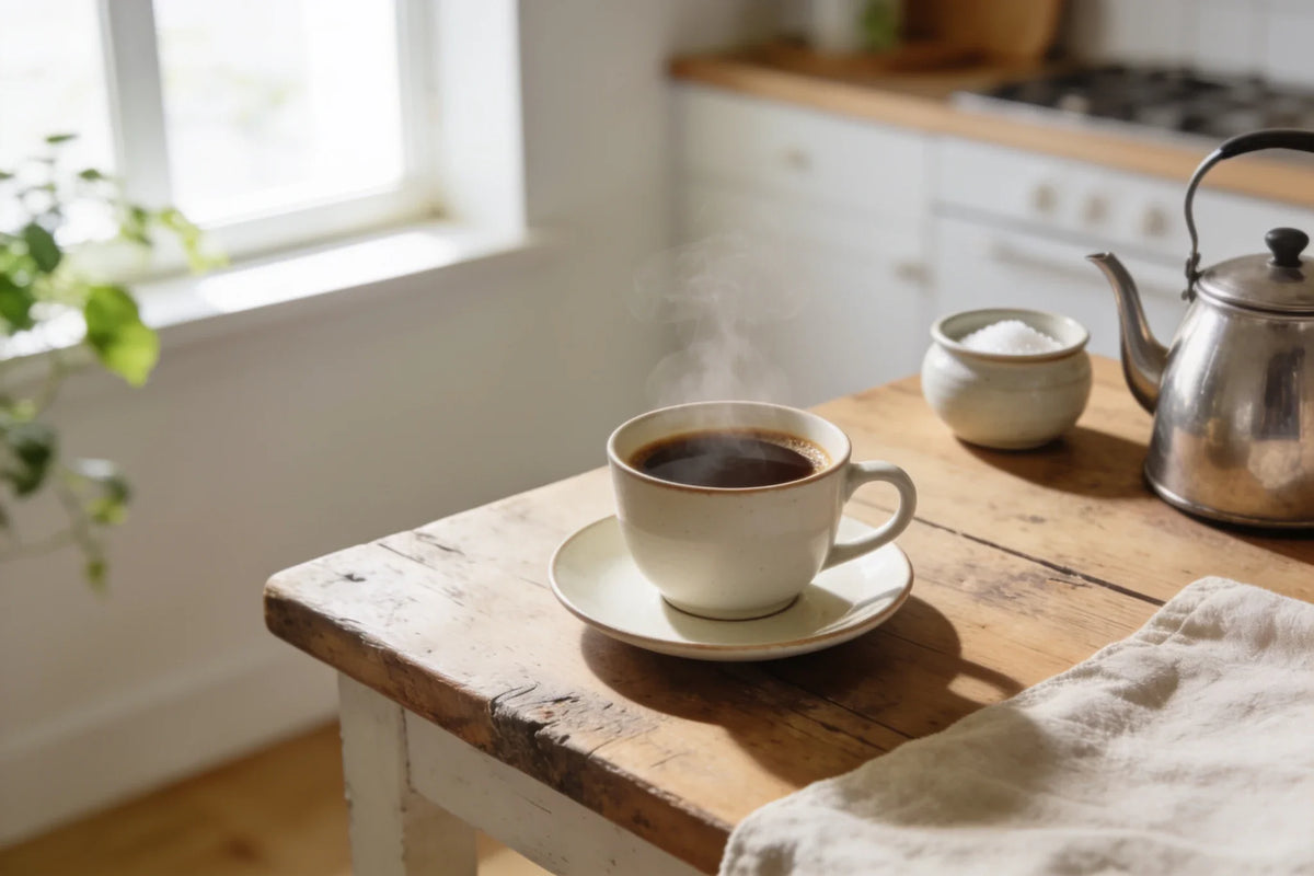 A steaming cup of artisanal coffee, a rustic wooden table in a cozy kitchen