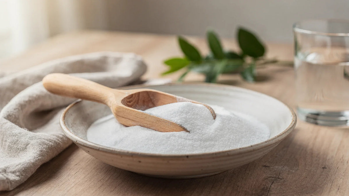 A wooden scoop in a bowl of white powder on a wooden table