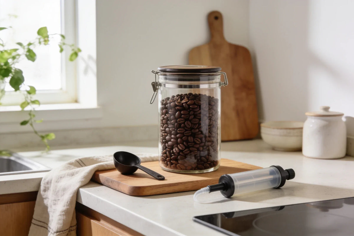 A glass coffee storage canister filled with whole coffee beans, a kitchen countertop with a — how to store coffee beans