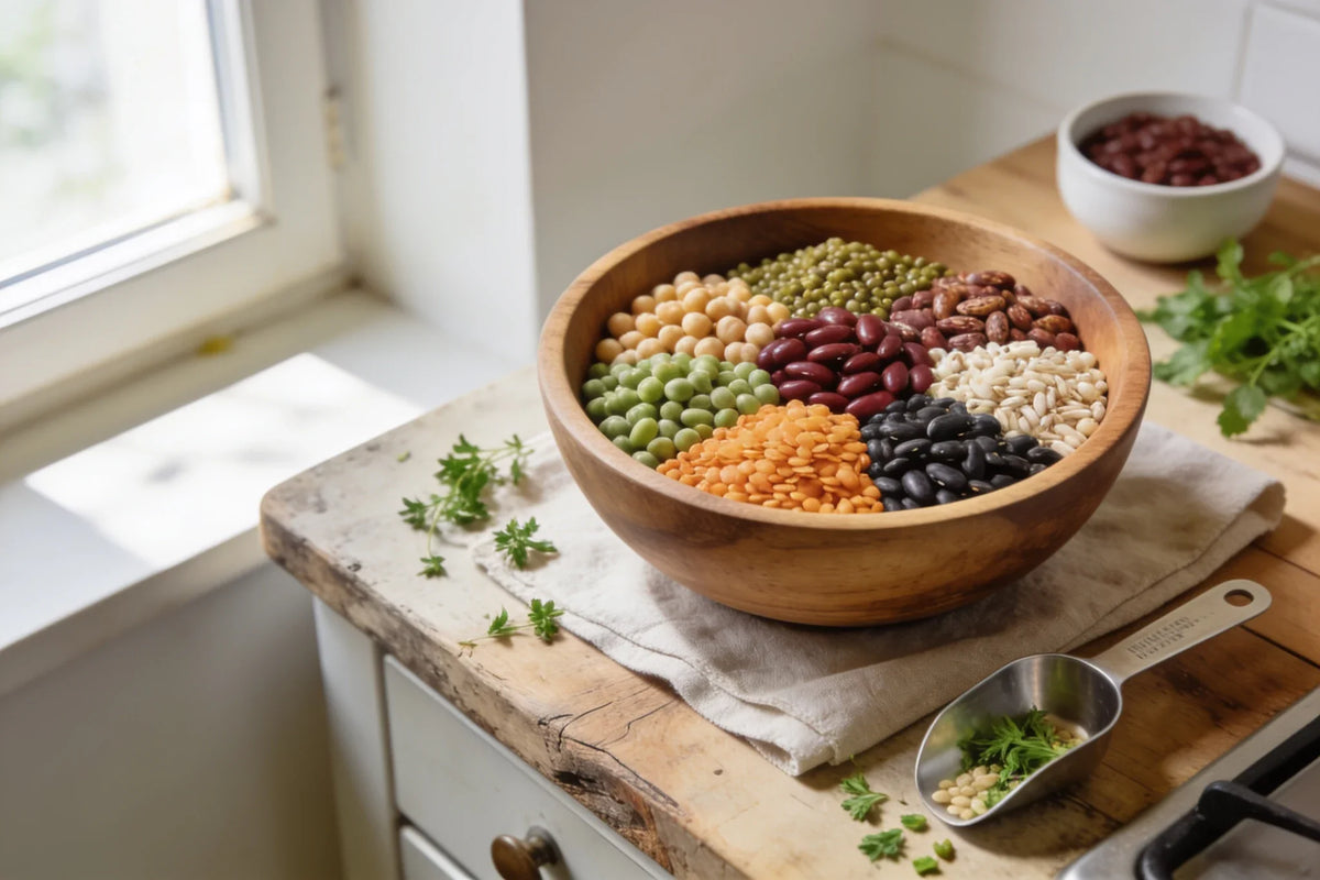 A variety of colorful legumes and pulses in a wooden bowl, a rustic kitchen countertop with a natural wood surface