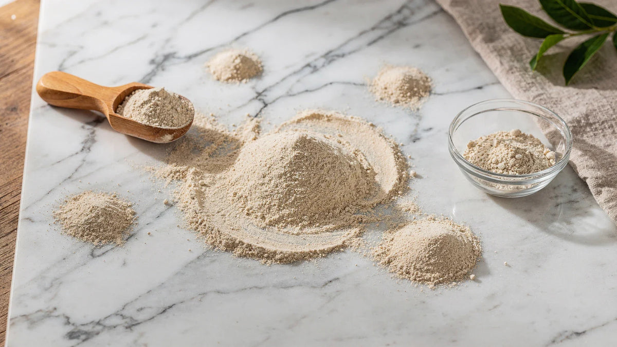 Powder on a marble surface with a wooden scoop and a glass bowl nearby