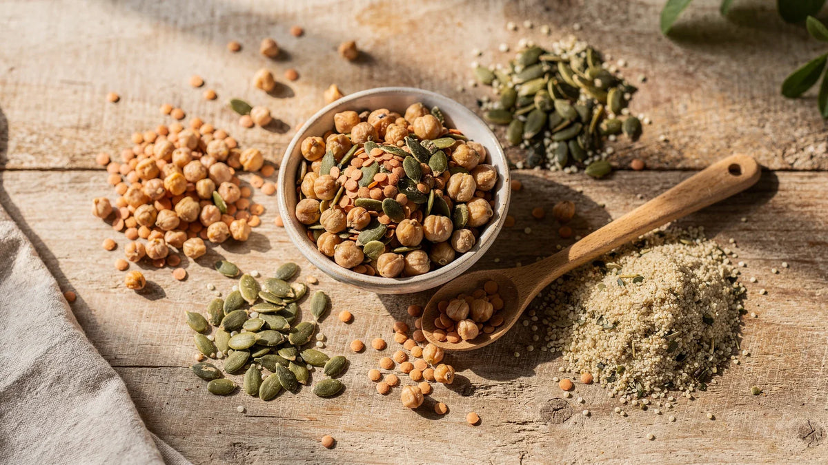 Various seeds and legumes are scattered on a rustic wooden surface
