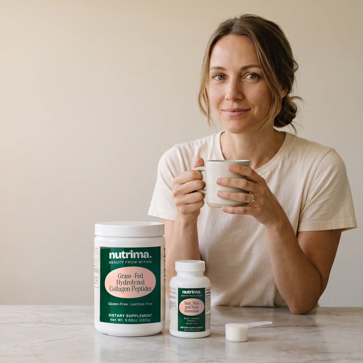 Beauty From Within — nutrima products with a brand model — AI-generated brand image