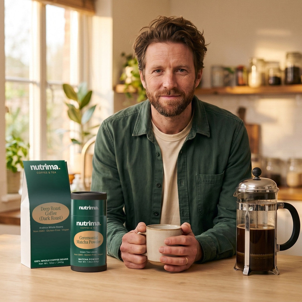 nutrima Coffee & Tea collection: Deep Roast Coffee bag and Ceremonial Matcha Powder tube on a kitchen counter, a man holding a mug behind them — AI-generated brand image