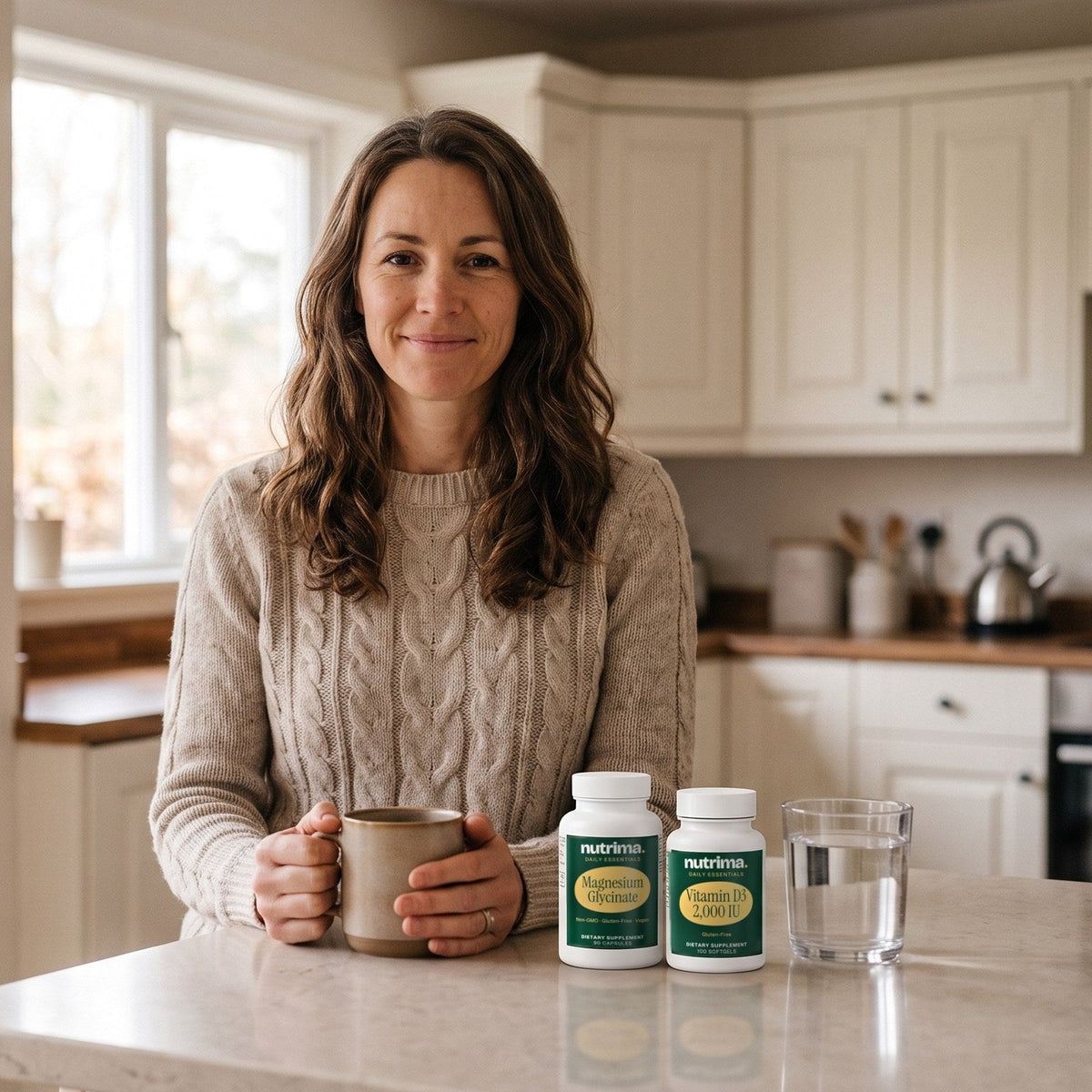 nutrima Daily Essentials collection: Magnesium Glycinate and Vitamin D3 bottles on a kitchen counter, a woman holding a mug behind them — AI-generated brand image