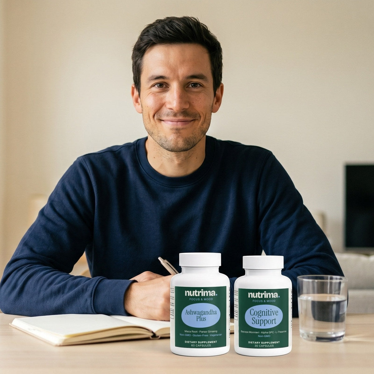 Focus & Mood — nutrima products with a brand model — AI-generated brand image