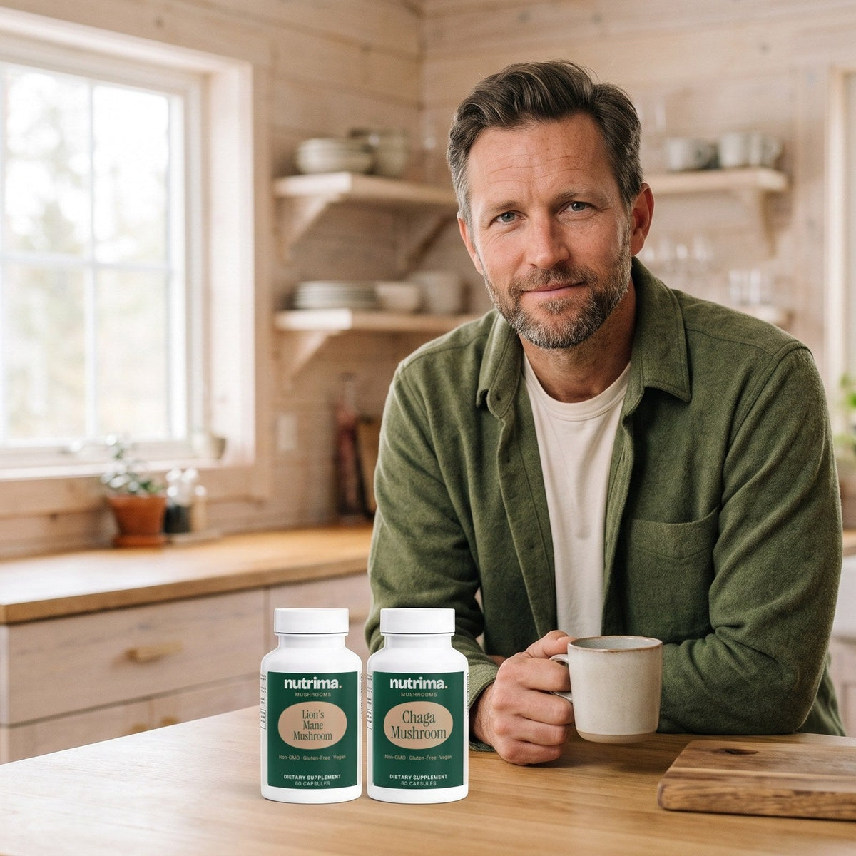 Mushrooms — nutrima products with a brand model — AI-generated brand image