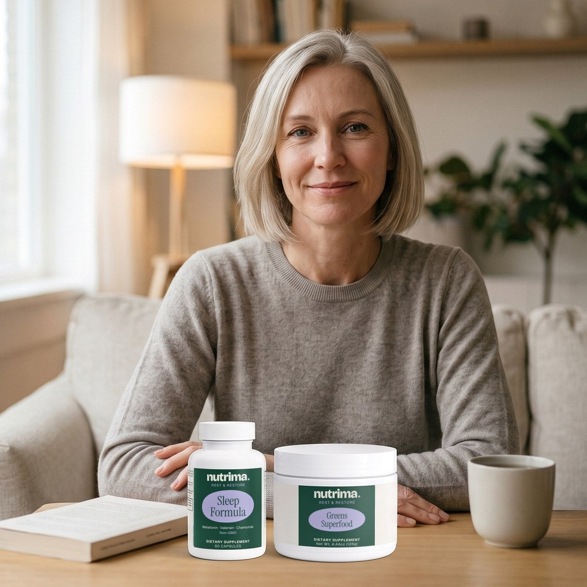 Rest & Restore — nutrima products with a brand model — AI-generated brand image