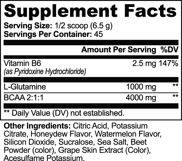 Supplement facts label detailing nutrients for BCAA Post Workout Powder in Honeydew/Watermelon flavor by nutrima.