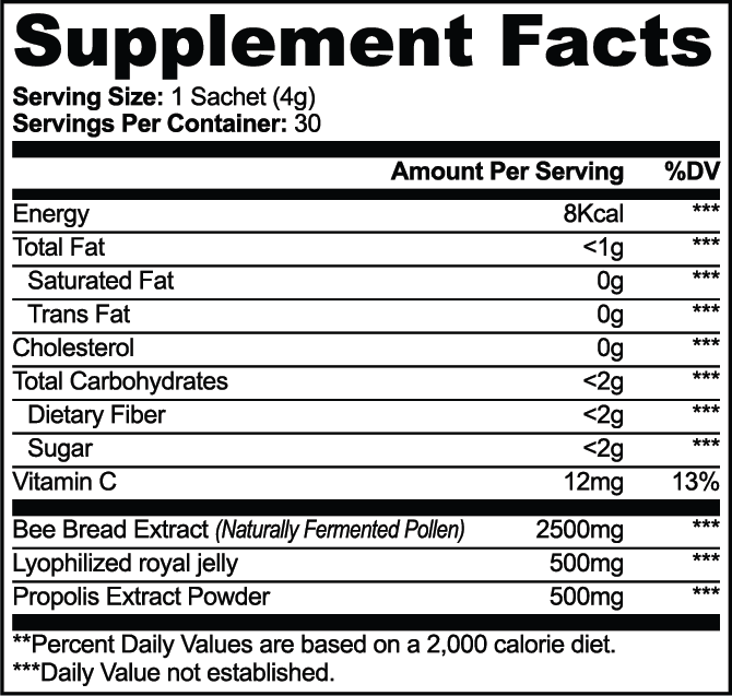 Supplement facts for Bee Bread Powder (Bee Products) by nutrima displayed in a clear, organized chart format.