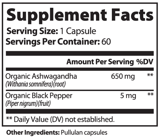 Supplement facts label detailing Organic Ashwagandha and Black Pepper amounts in a capsule for Ashwagandha (Specialty Supplem