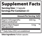 Supplement facts label detailing Organic Ashwagandha and Black Pepper amounts in a capsule for Ashwagandha (Specialty Supplem