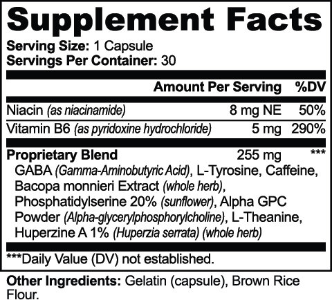 Nutritional facts for Bacopa, Alpha GPC & L-Theanine Capsules capsules showing ingredients like GABA, L-Tyrosine, and Niacin by nutrima.