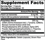 Nutritional facts for Bacopa, Alpha GPC & L-Theanine Capsules capsules showing ingredients like GABA, L-Tyrosine, and Niacin by nutrima.
