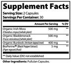 Supplement facts label detailing ingredients for Sea Moss (Greens & Superfoods) by nutrima, featuring organic components.