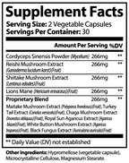 Supplement facts for Mushroom Complex 10 X, featuring various mushroom extracts in vegetable capsules by nutrima.