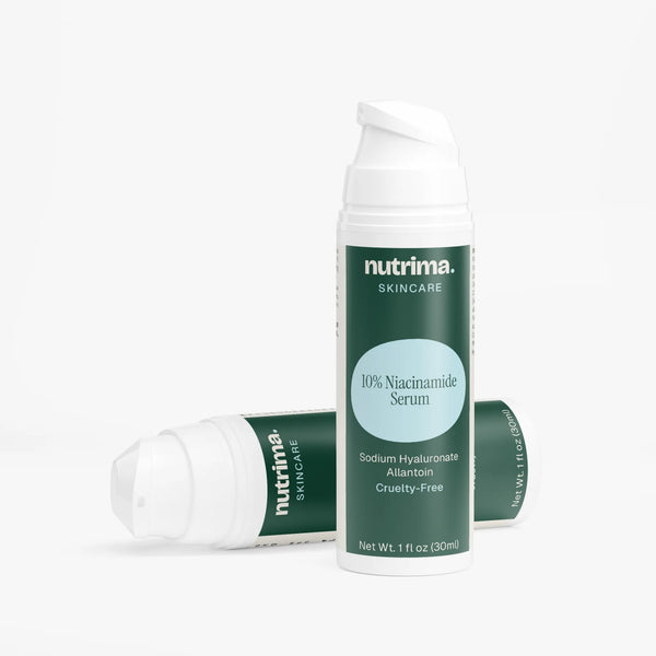 Two bottles of 10% Niacinamide Serum by nutrima, featuring a dark green design and pump applicator top.