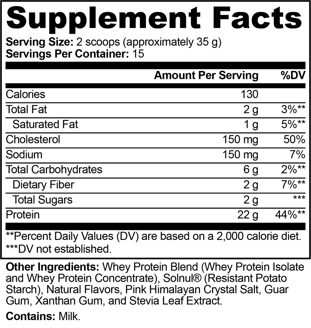 Nutritional facts panel for Performance Whey Protein Blend (Chocolate) highlighting protein and ingredient details by nutrima