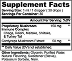 Supplement facts label detailing ingredients and servings for Chaga, Reishi & Cordyceps Mushroom Drops by nutrima.