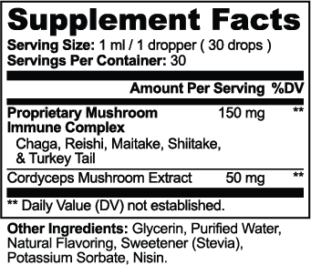 Supplement facts label detailing ingredients and servings for Chaga, Reishi & Cordyceps Mushroom Drops by nutrima.