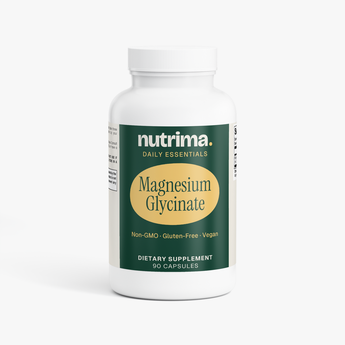 White bottle of Magnesium Glycinate dietary supplement with green and gold label by nutrima, containing 90 capsules.