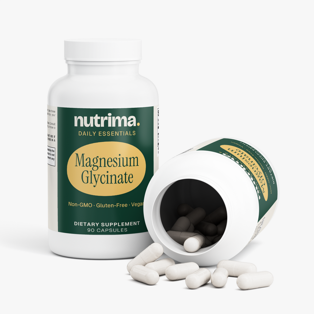 Magnesium Glycinate capsules in an opened bottle, showcasing size and design, by nutrima.