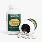 Magnesium Glycinate capsules in an opened bottle, showcasing size and design, by nutrima.