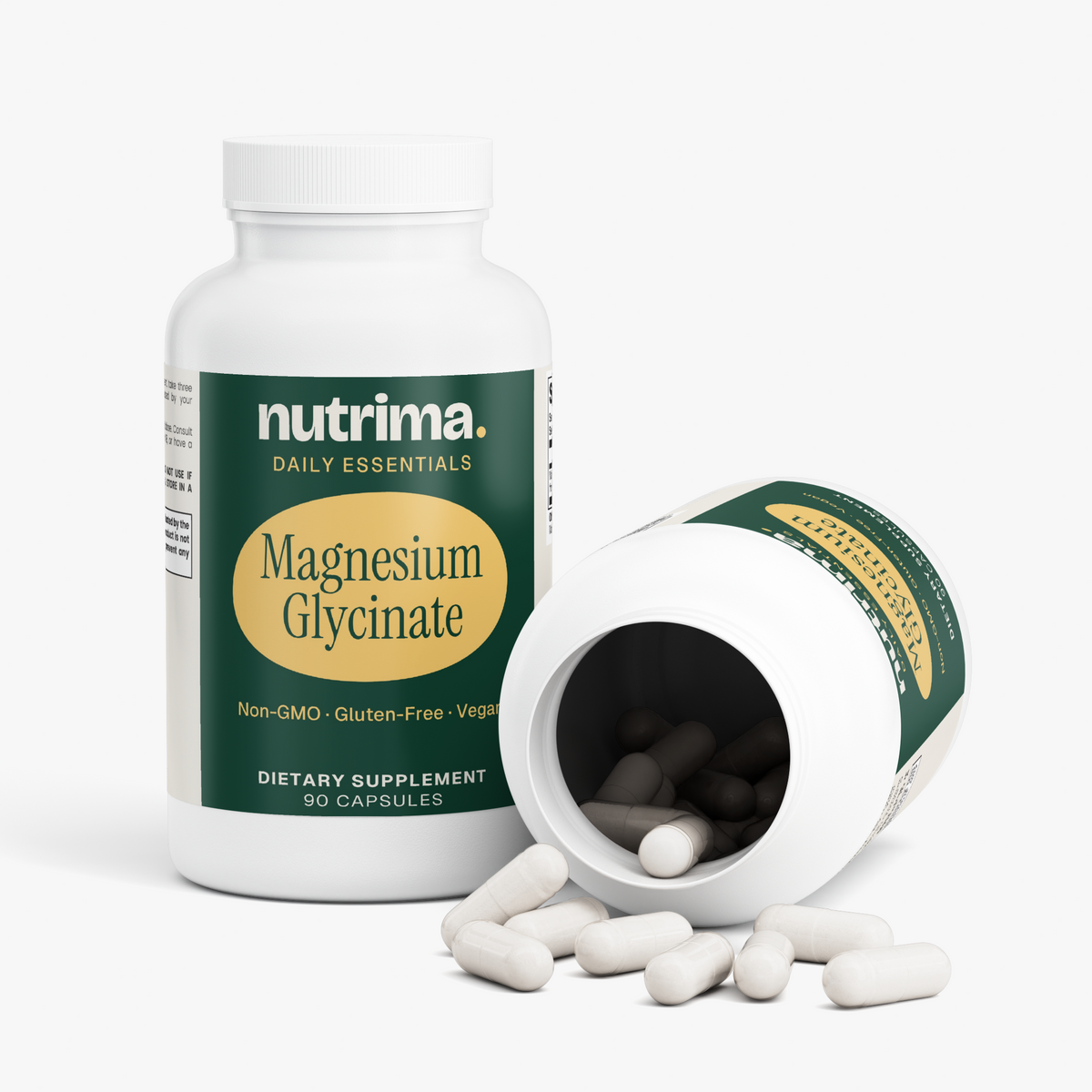 Magnesium Glycinate capsules in an opened bottle, showcasing size and design, by nutrima.