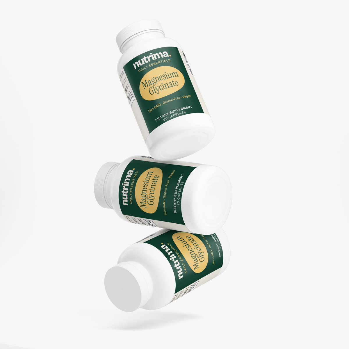 Three bottles of Magnesium Glycinate in a dynamic, floating arrangement, featuring green labels by nutrima.