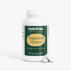 White bottle of Magnesium Glycinate dietary supplement with 90 capsules by nutrima, featuring a green and yellow label.