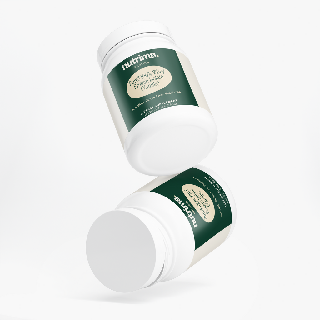 Two jars of Pure3 100% Whey Protein Isolate (Vanilla) with sleek packaging by nutrima.