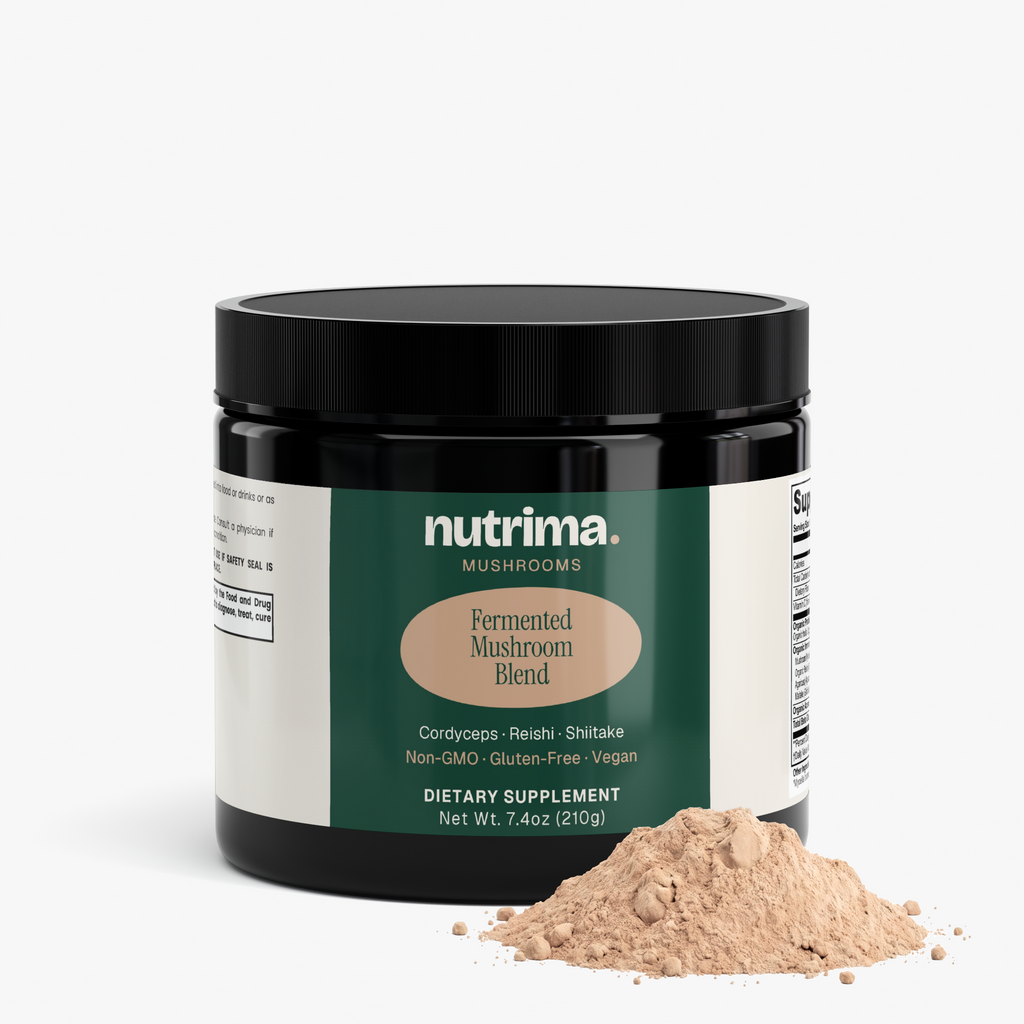 Black jar of Fermented Mushroom Blend with some powder spilled out, featuring green and beige labeling by nutrima.