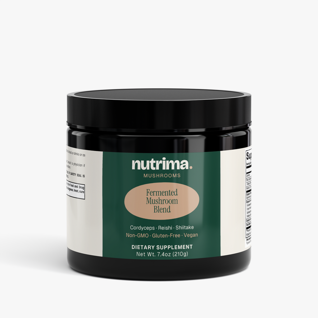 Black container of Fermented Mushroom Blend featuring a green label and beige accent, dietary supplement by nutrima.