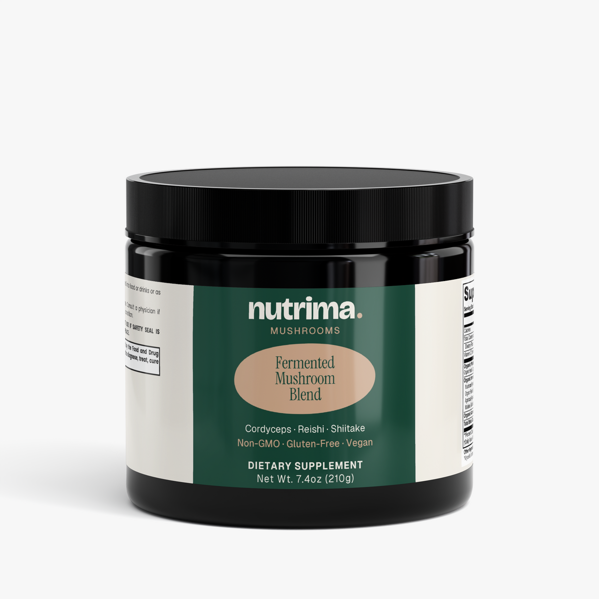 Black container of Fermented Mushroom Blend featuring a green label and beige accent, dietary supplement by nutrima.