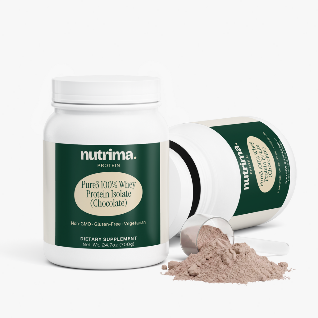 Chocolate Pure3 100% Whey Protein Isolate in a white jar with a scoop and protein powder spilled, by nutrima.