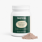 White container of Pure3 100% Whey Protein Isolate (Chocolate) with protein powder beside it, by nutrima.