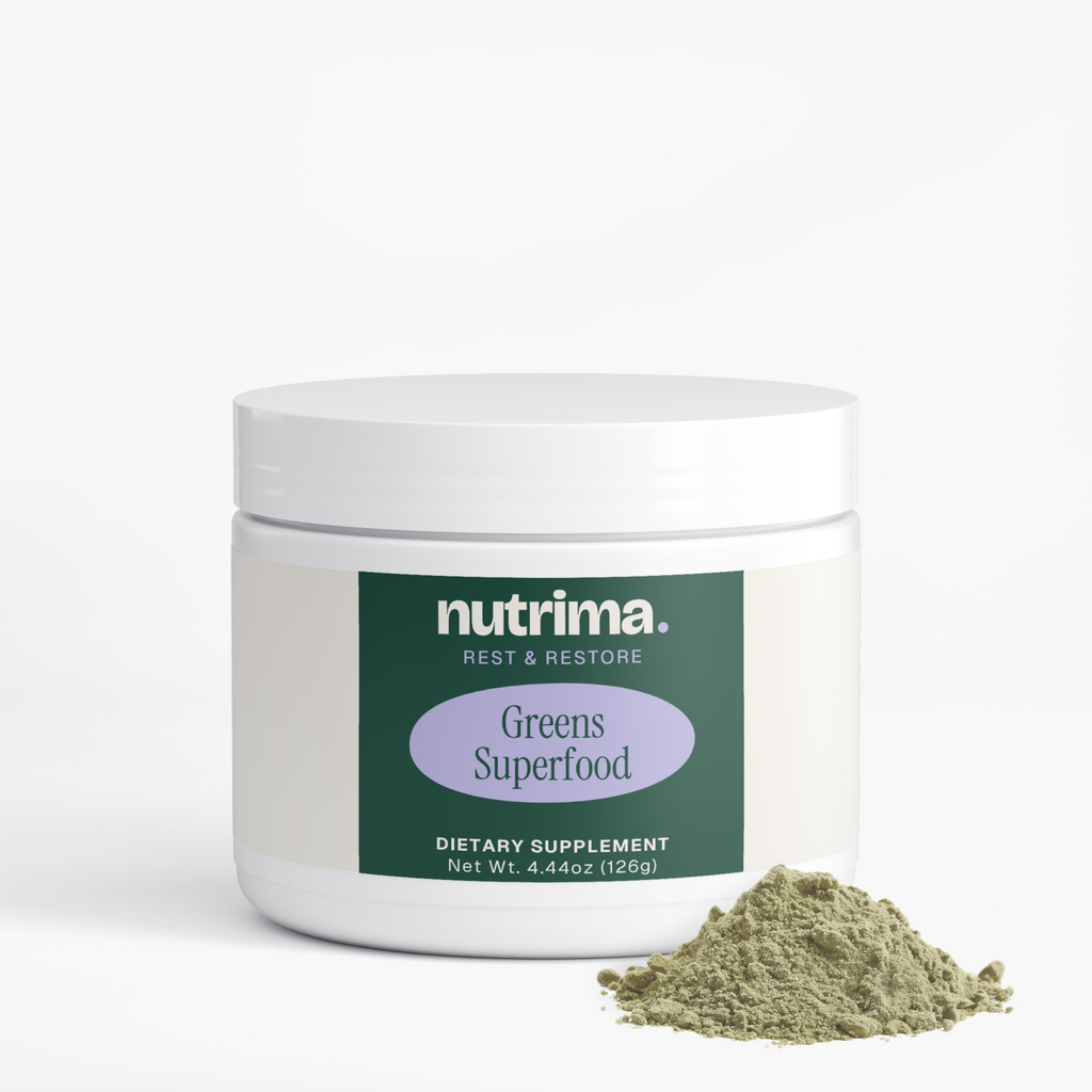 Greens Superfood in a white jar with a green label, featuring a mound of green powder beside it, by nutrima.