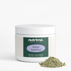 Greens Superfood in a white jar with a green label, featuring a mound of green powder beside it, by nutrima.