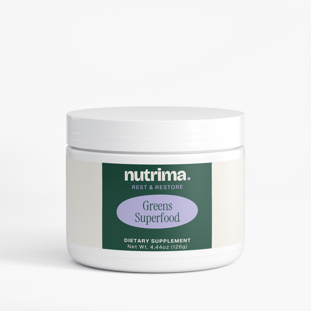 Container of Greens Superfood with a minimalist design and clear label by nutrima. Dietary supplement product.