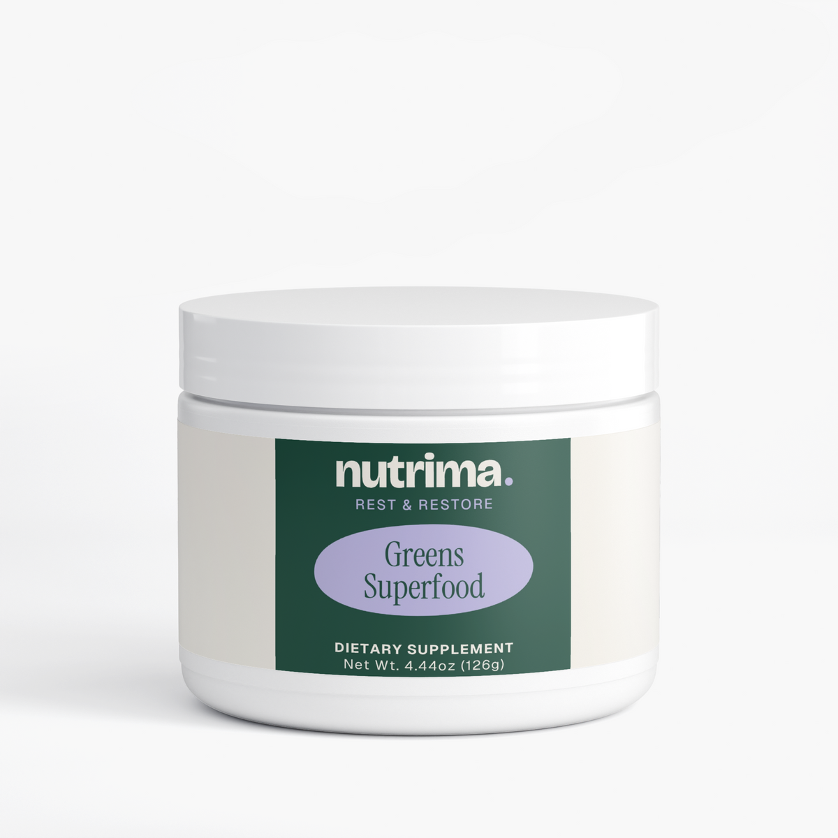 Container of Greens Superfood with a minimalist design and clear label by nutrima. Dietary supplement product.