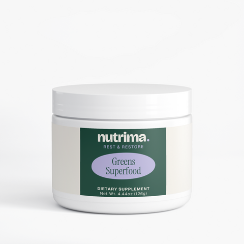 Container of Greens Superfood with a minimalist design and clear label by nutrima. Dietary supplement product.