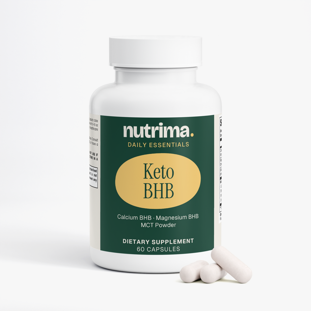 White bottle with green label featuring Keto BHB capsules and three capsules beside it, Dietary Supplement by nutrima.