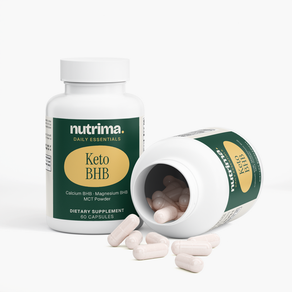 Keto BHB dietary supplement bottle with white capsules spilled, featuring a green and yellow design by nutrima.