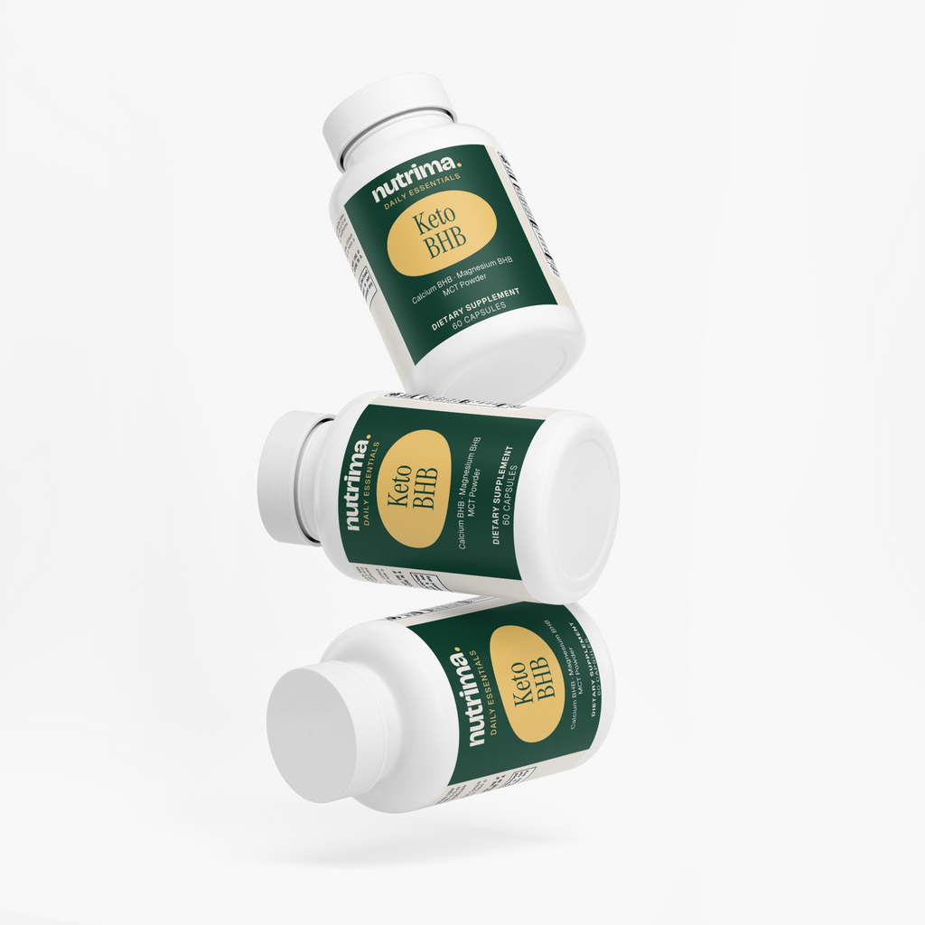 Three bottles of Keto BHB dietary supplement by nutrima, showcasing green packaging and white caps against a white background