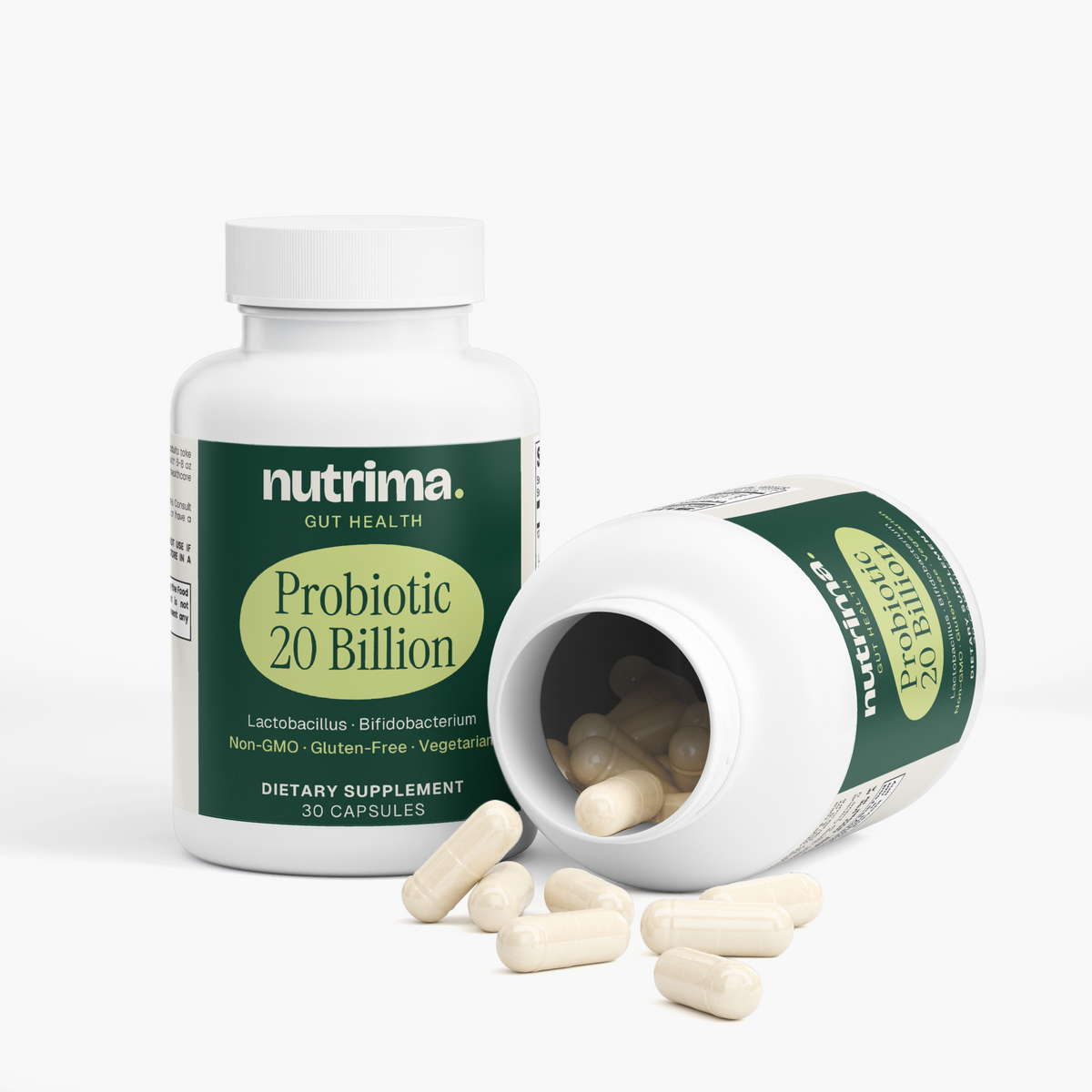 Probiotic 20 Billion capsules spilled from an opened bottle, featuring a green label design by nutrima.