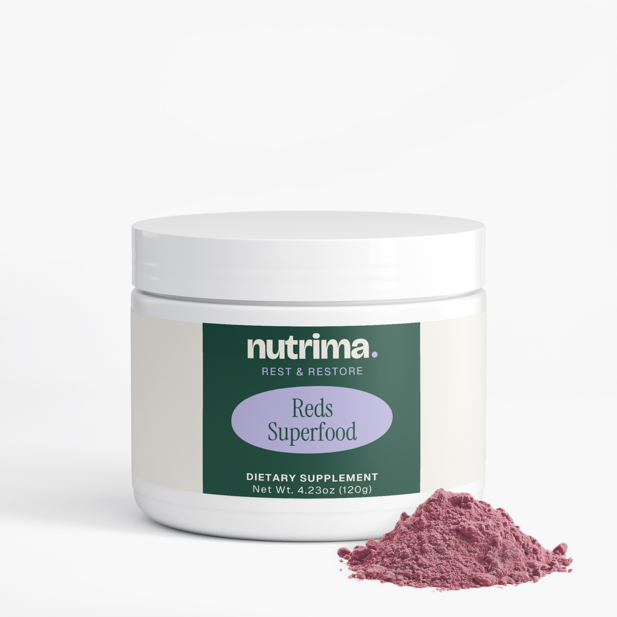 Reds Superfood powder in a white container with a purple label and a mound of pink powder, by nutrima.