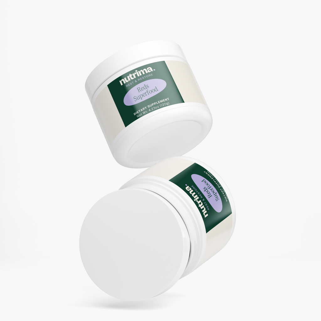 Two jars of Reds Superfood showcasing a minimalist design, featuring the brand nutrima.