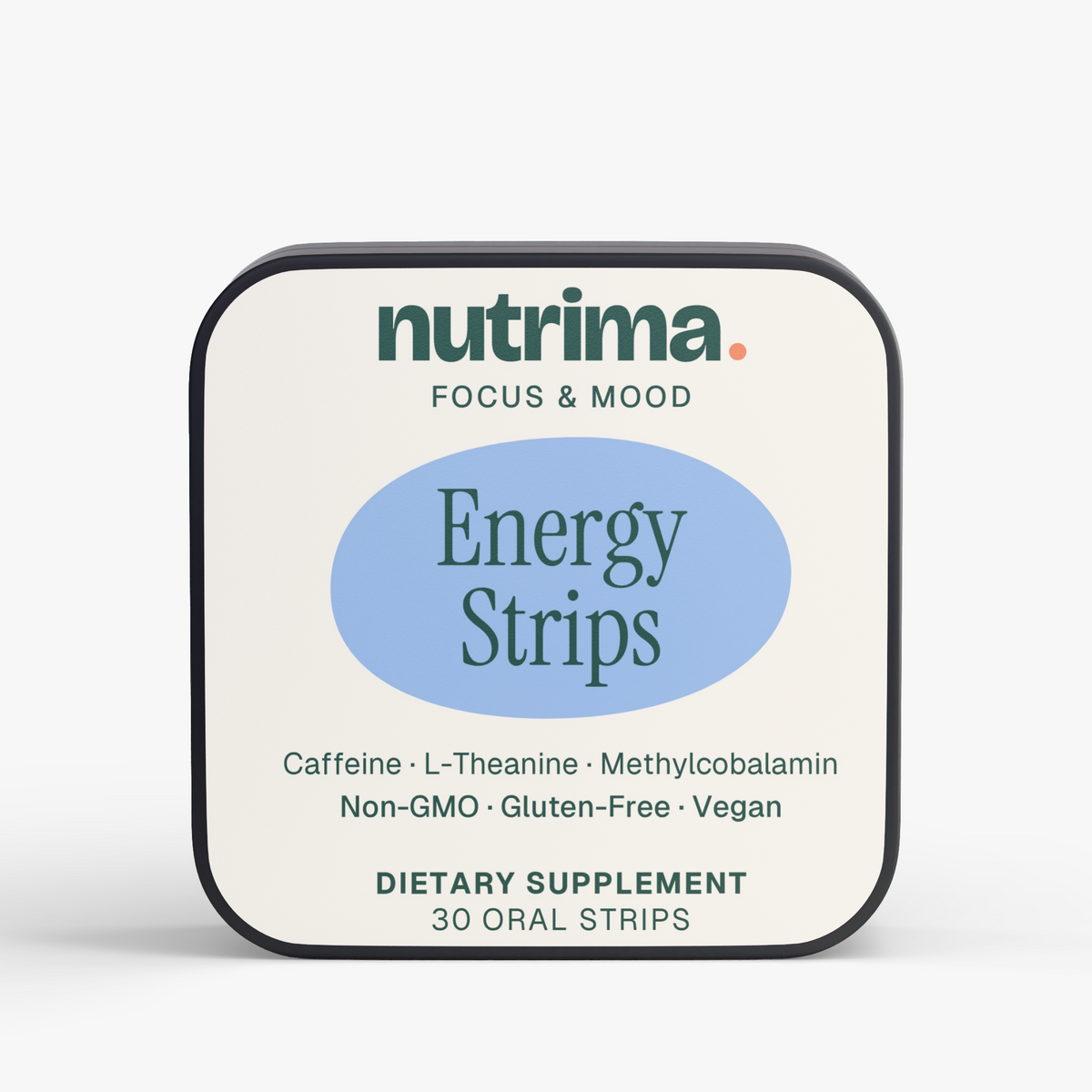 Energy Strips packaging features a light background and blue oval, showcasing the product name and dietary information by nut