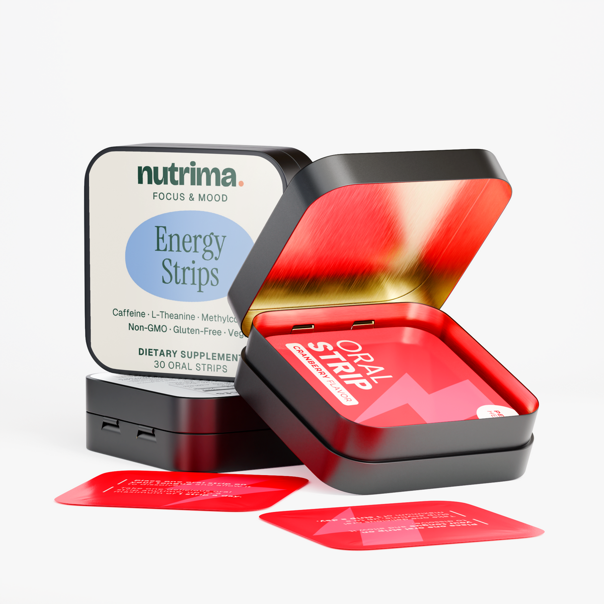 Open packaging of Energy Strips with red oral strips visible inside, showcasing the cranberry flavor by nutrima.