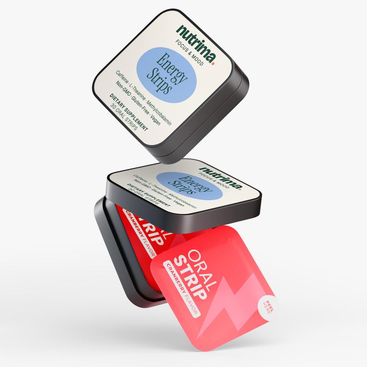 Three floating boxes of Energy Strips in blue and red packaging, by nutrima, showcasing the product design and colors.